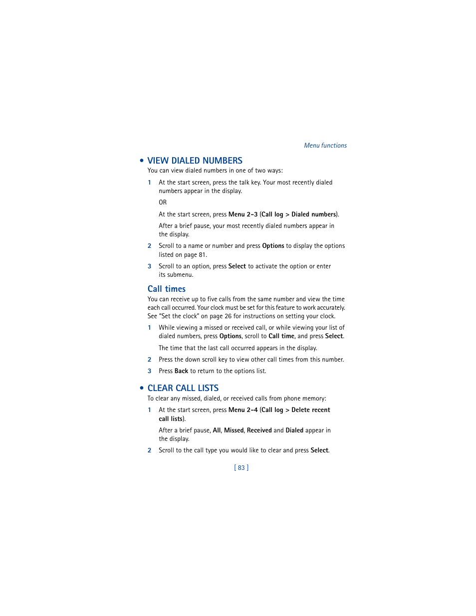 View dialed numbers, Clear call lists, View dialed numbers clear call lists | Call times | Nokia 5100 User Manual | Page 92 / 193