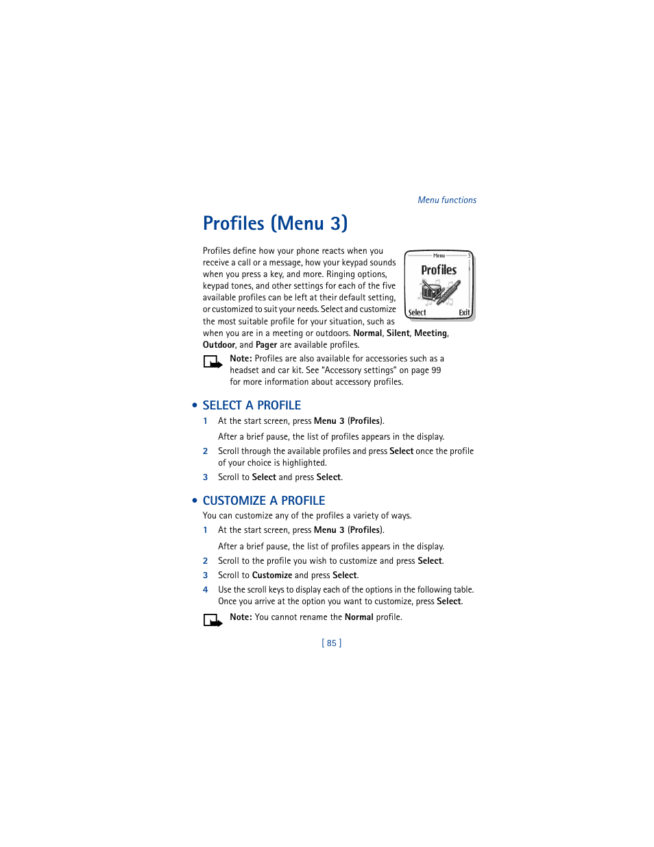 Profiles (menu 3), Select a profile, Customize a profile | Select a profile customize a profile | Nokia 5100 User Manual | Page 94 / 193