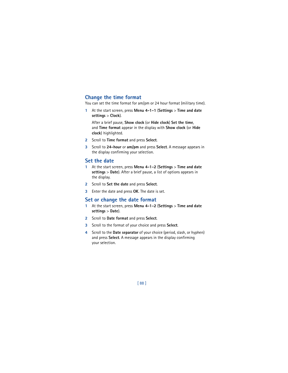 Change the time format, Set the date, Set or change the date format | Nokia 5100 User Manual | Page 97 / 193