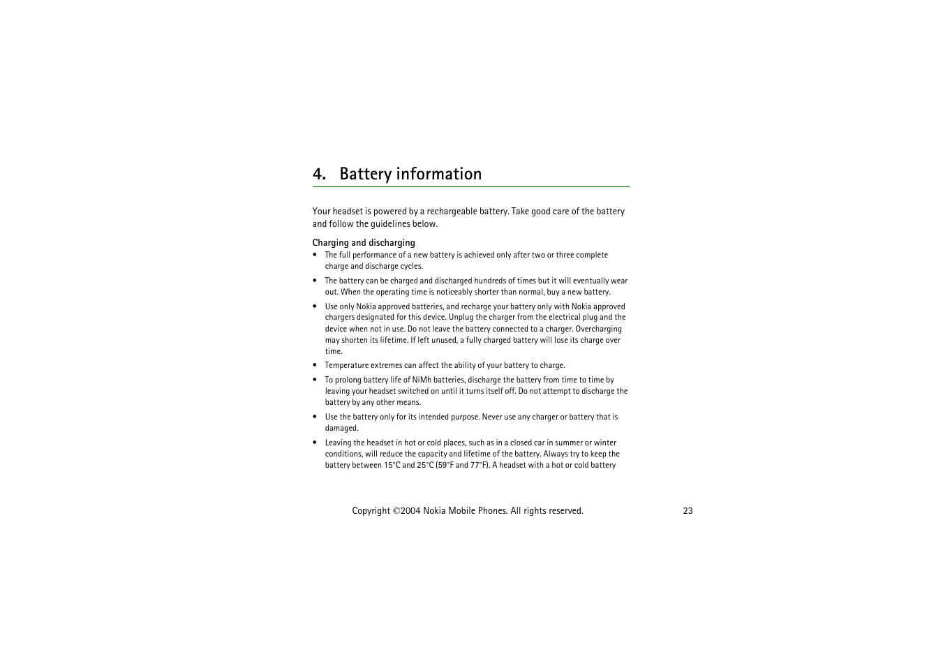 Battery information | Nokia HDW-3 User Manual | Page 23 / 26