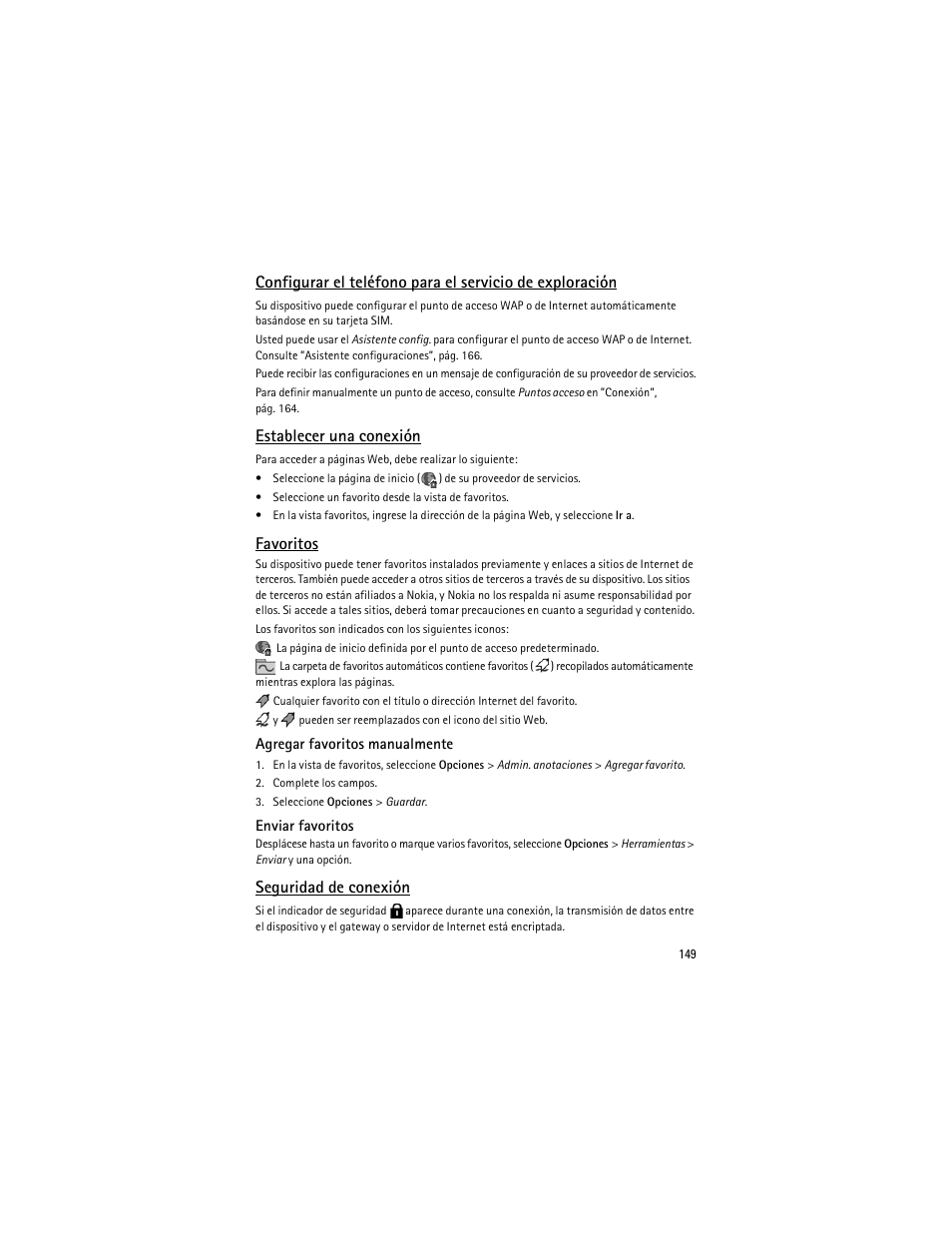 Establecer una conexión, Favoritos, Seguridad de conexión | Nokia 5700 User Manual | Page 150 / 201