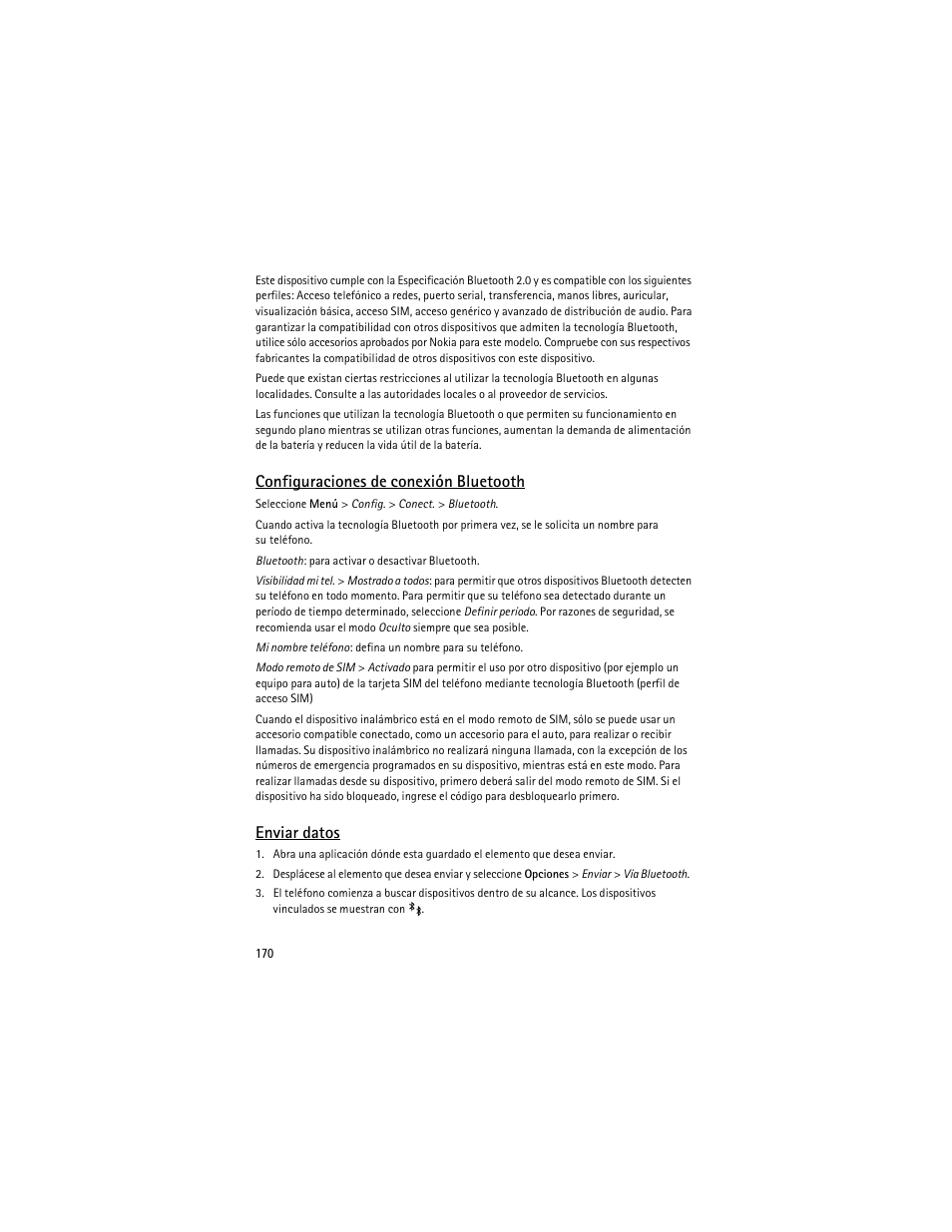Configuraciones de conexión bluetooth, Enviar datos | Nokia 5700 User Manual | Page 171 / 201
