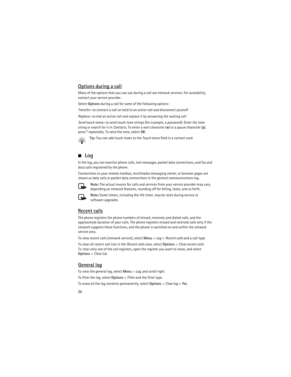 E ”recent calls,” p. 24, Options during a call, Recent calls | General log | Nokia 5700 User Manual | Page 25 / 201