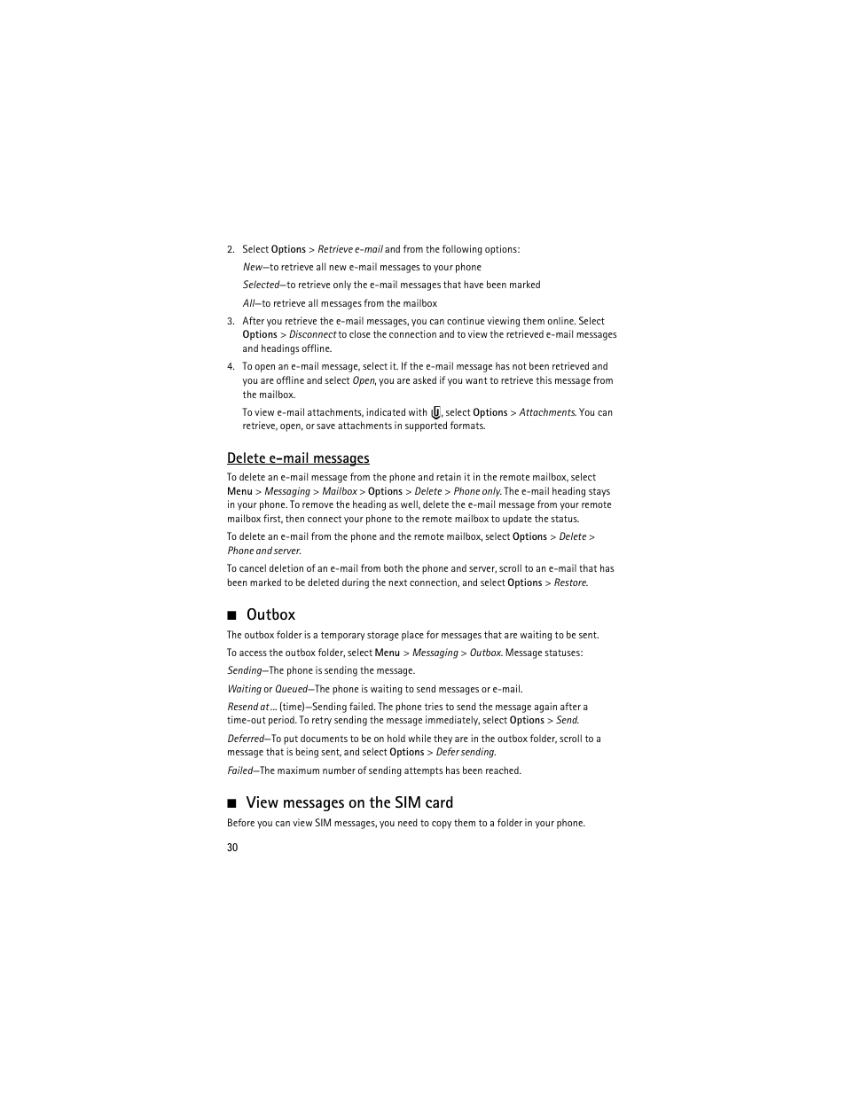 Outbox, View messages on the sim card, Outbox view messages on the sim card | Delete e-mail messages | Nokia 5700 User Manual | Page 31 / 201