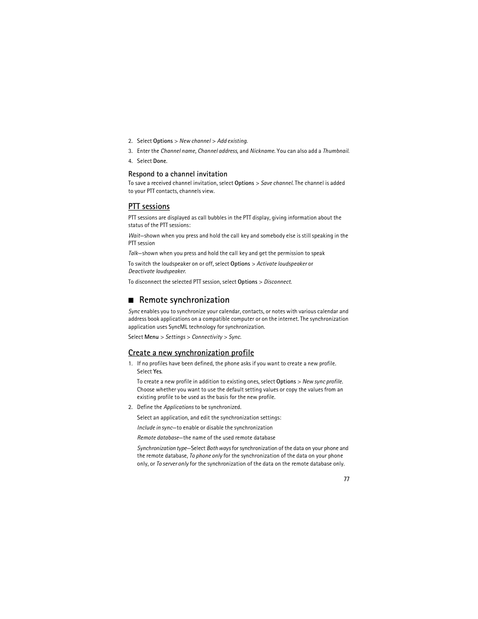 Remote synchronization, Ptt sessions, Create a new synchronization profile | Nokia 5700 User Manual | Page 78 / 201