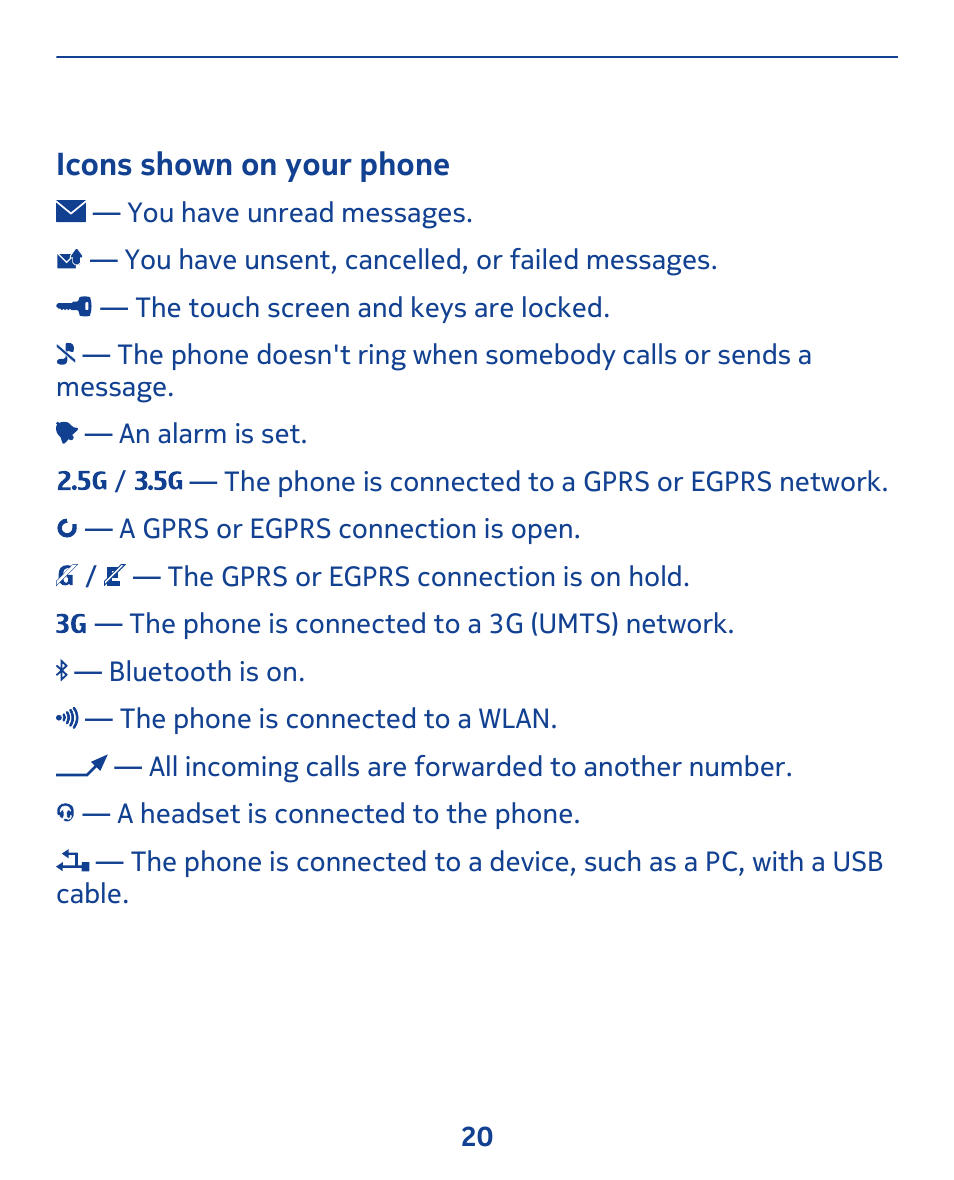 Icons shown on your phone | Nokia 311 User Manual | Page 20 / 132