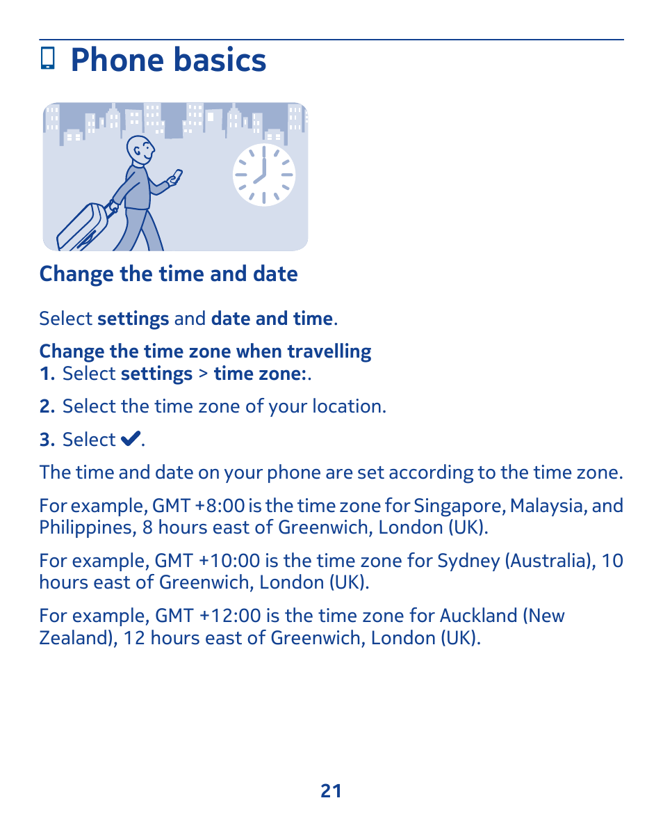 Phone basics, Change the time and date | Nokia 311 User Manual | Page 21 / 132