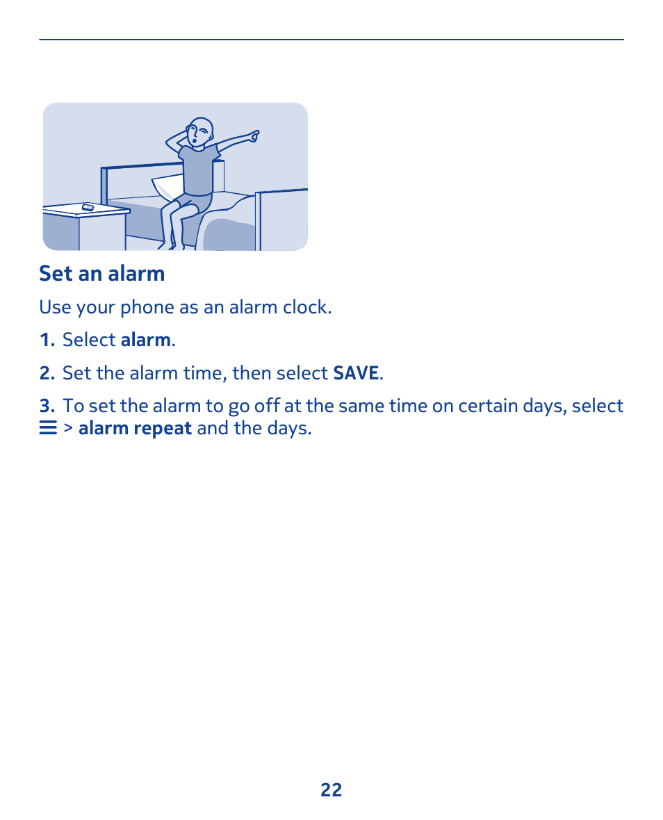 Set an alarm | Nokia 311 User Manual | Page 22 / 132