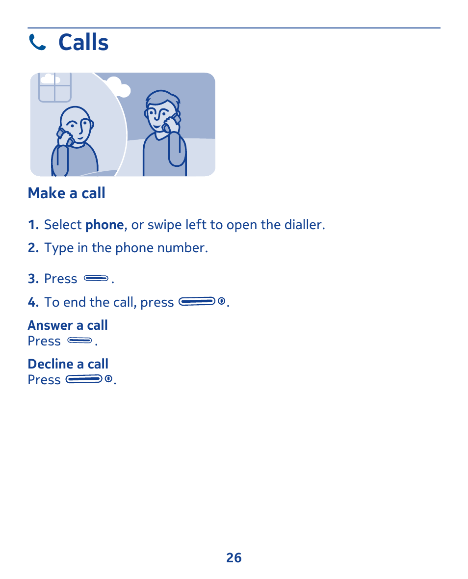 Calls, Make a call | Nokia 311 User Manual | Page 26 / 132