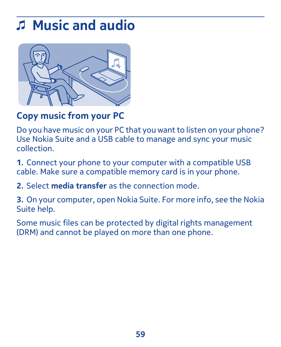 Music and audio, Copy music from your pc | Nokia 311 User Manual | Page 59 / 132