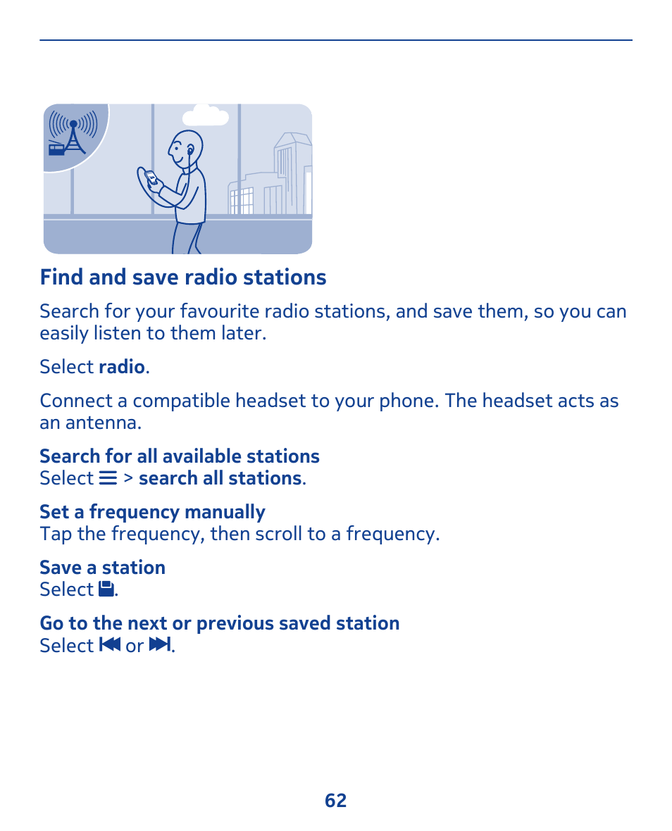 Find and save radio stations | Nokia 311 User Manual | Page 62 / 132