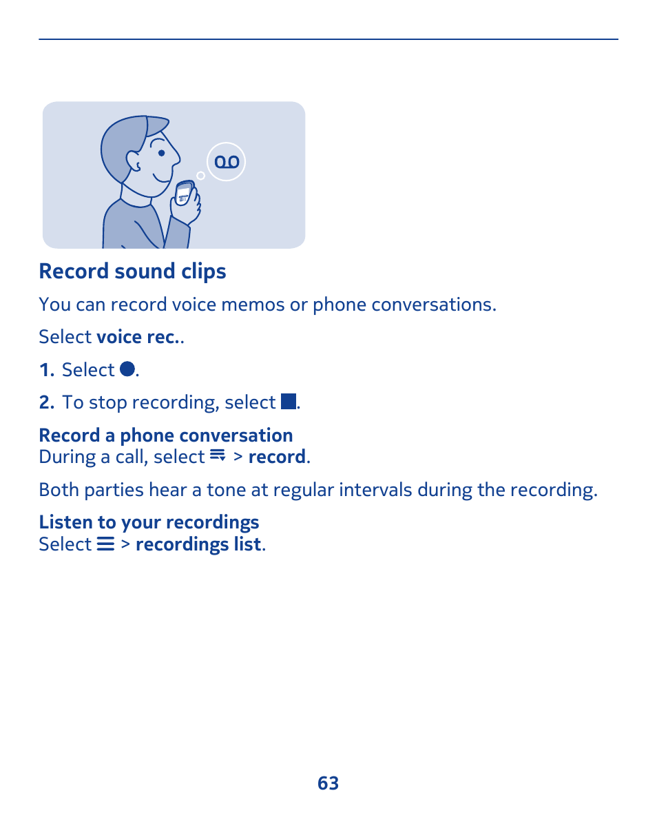 Record sound clips | Nokia 311 User Manual | Page 63 / 132