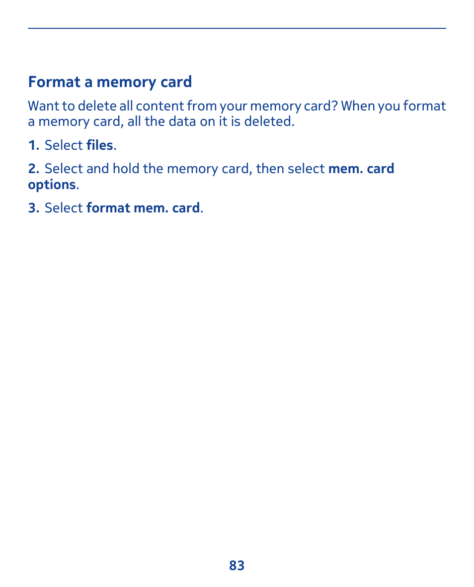 Format a memory card | Nokia 311 User Manual | Page 83 / 132