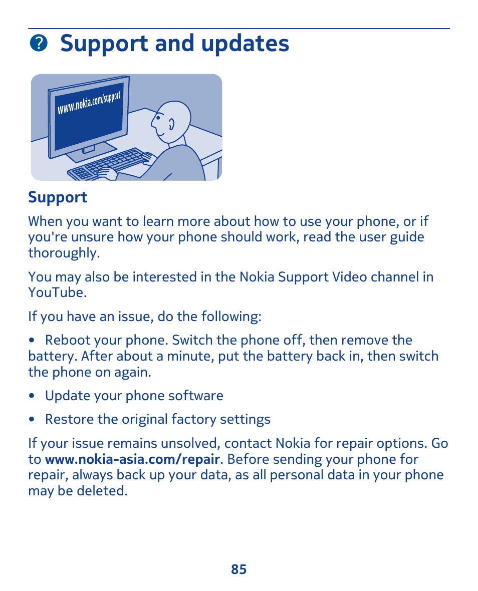 Support and updates, Support | Nokia 311 User Manual | Page 85 / 132