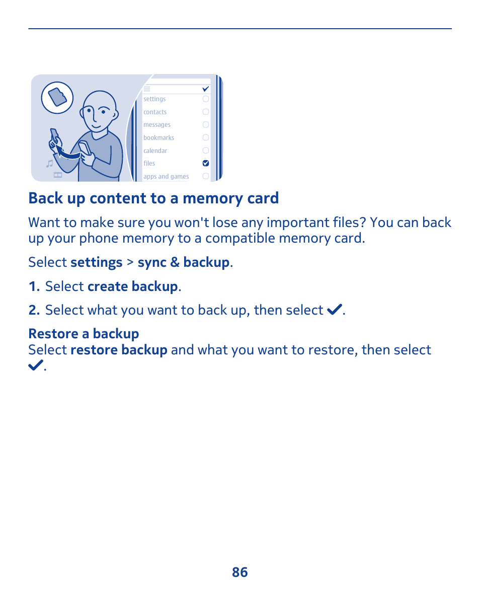 Back up content to a memory card | Nokia 311 User Manual | Page 86 / 132