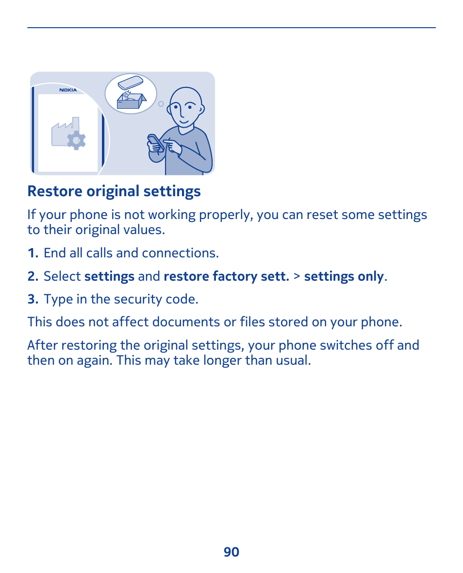 Restore original settings | Nokia 311 User Manual | Page 90 / 132