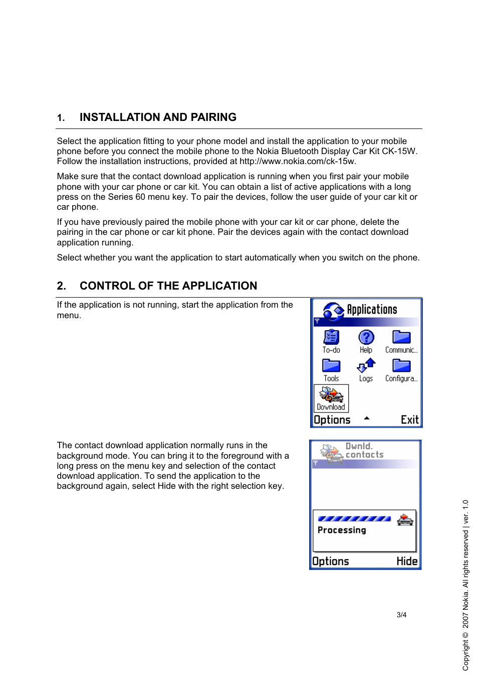 Installation and pairing, Control of the application | Nokia CK-15W User Manual | Page 3 / 4