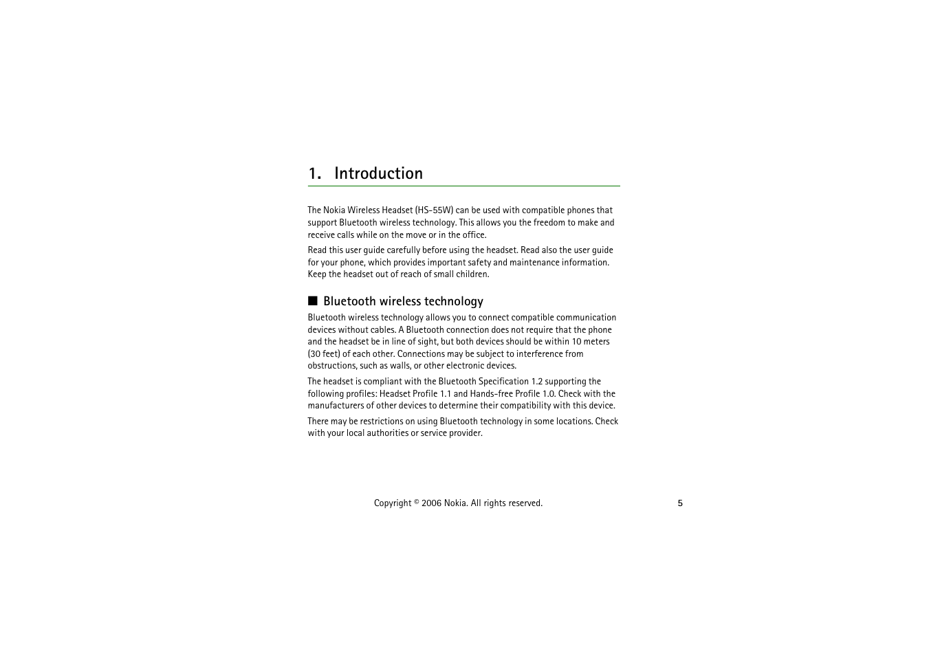 Introduction, Bluetooth wireless technology | Nokia HS-55W User Manual | Page 5 / 16