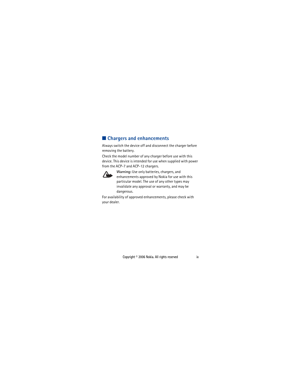 Chargers and enhancements | Nokia 1110i  EN User Manual | Page 10 / 57