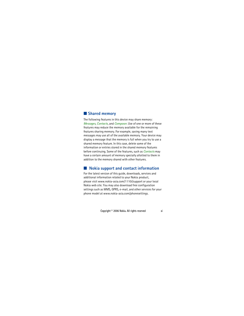 Shared memory, Nokia support and contact information | Nokia 1110i  EN User Manual | Page 12 / 57