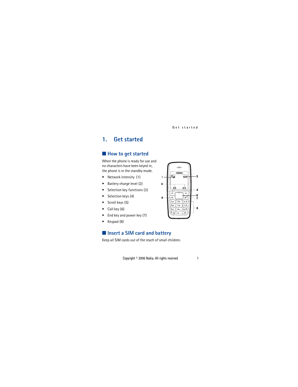 Get started, How to get started, Insert a sim card and battery | How to get started insert a sim card and battery | Nokia 1110i  EN User Manual | Page 14 / 57