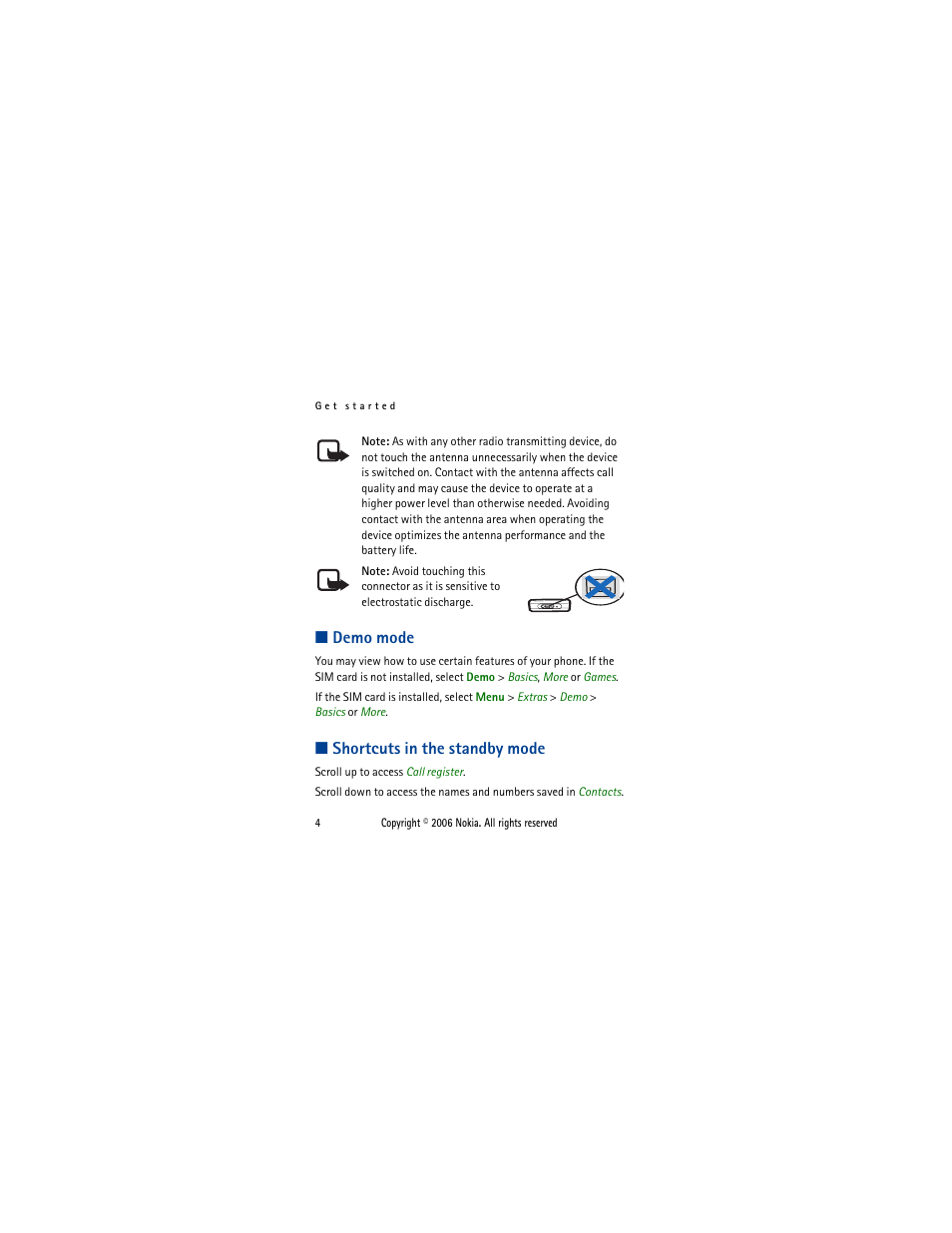 Demo mode, Shortcuts in the standby mode, Demo mode shortcuts in the standby mode | Nokia 1110i  EN User Manual | Page 17 / 57
