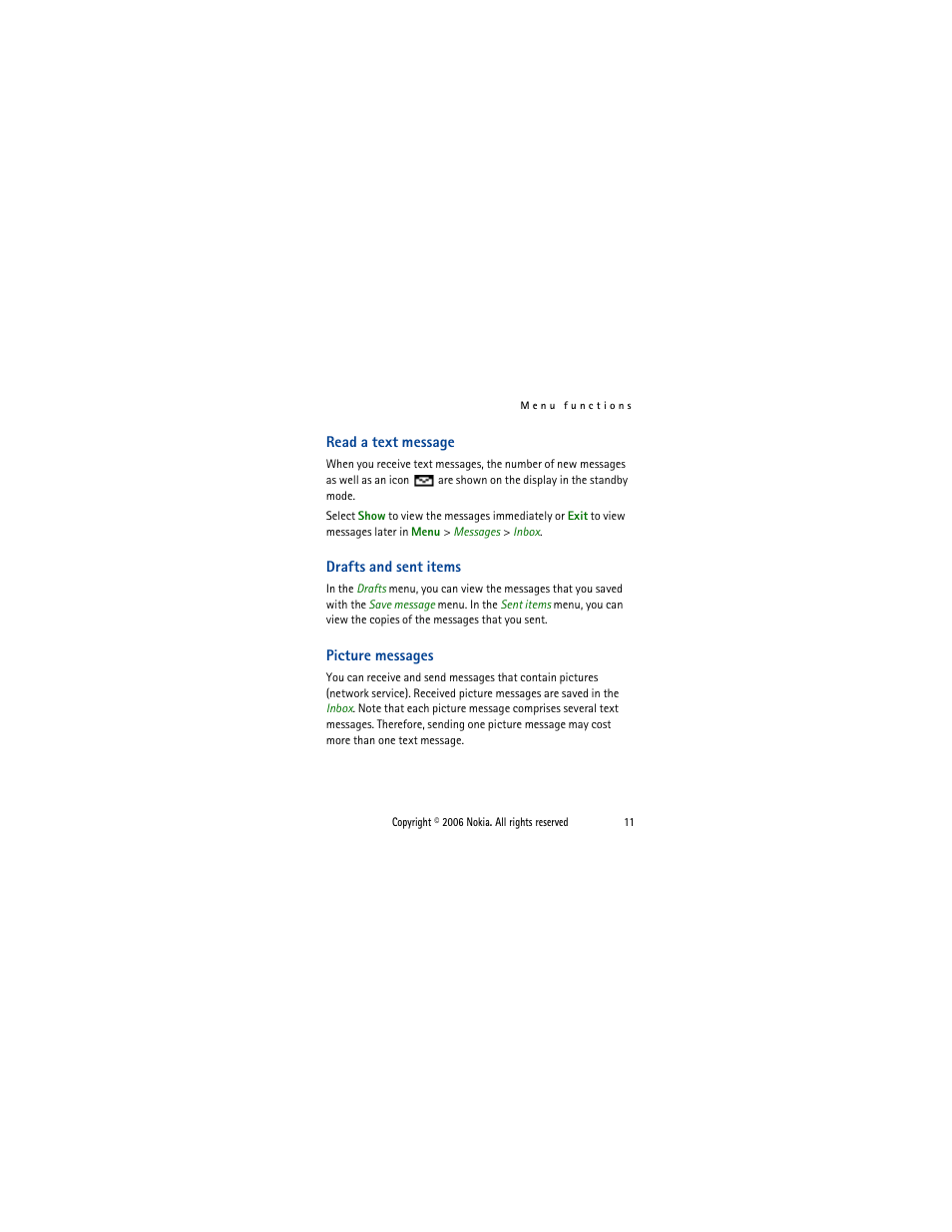 Read a text message, Drafts and sent items, Picture messages | Nokia 1110i  EN User Manual | Page 24 / 57