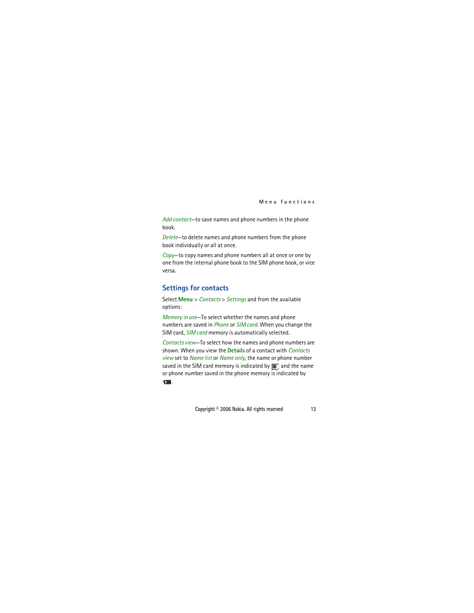 Settings for contacts | Nokia 1110i  EN User Manual | Page 26 / 57