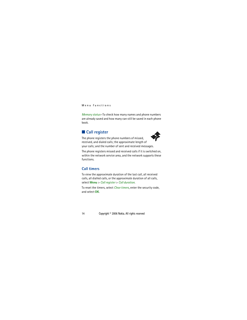 Call register, Call timers | Nokia 1110i  EN User Manual | Page 27 / 57