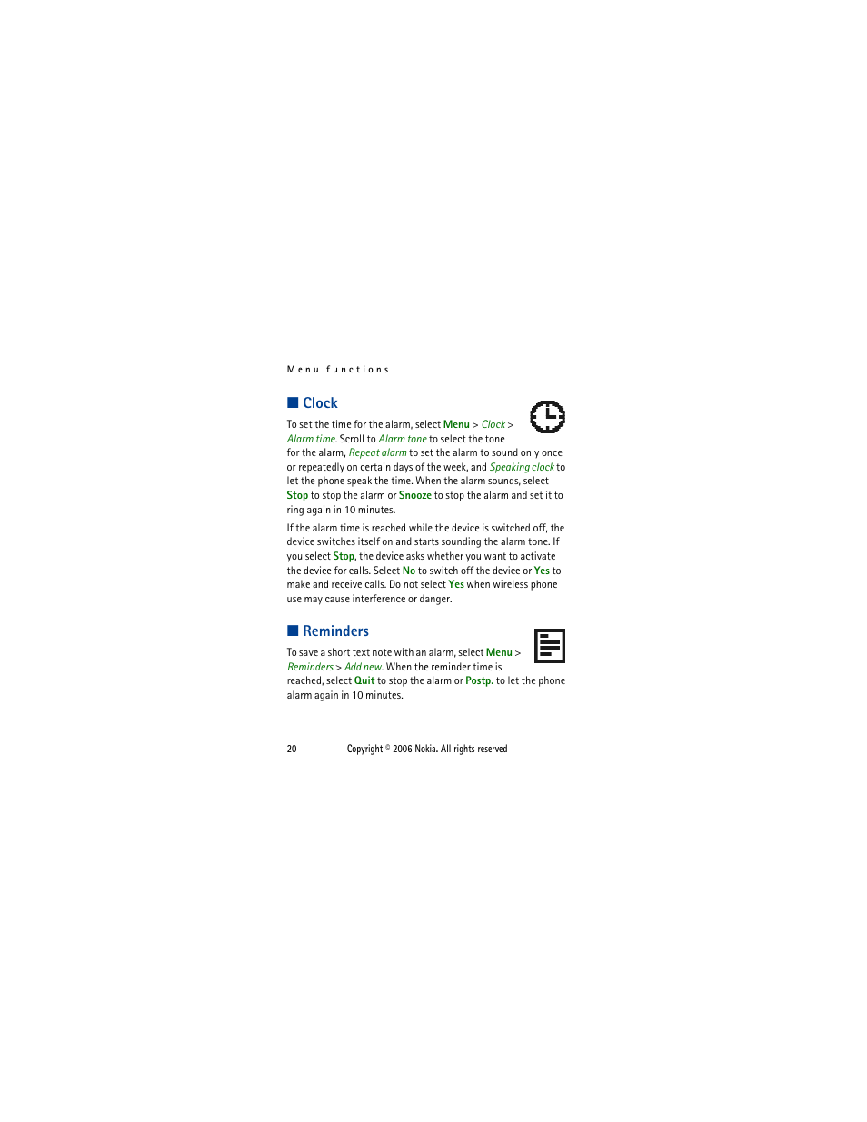 Clock, Reminders, Clock reminders | Nokia 1110i  EN User Manual | Page 33 / 57