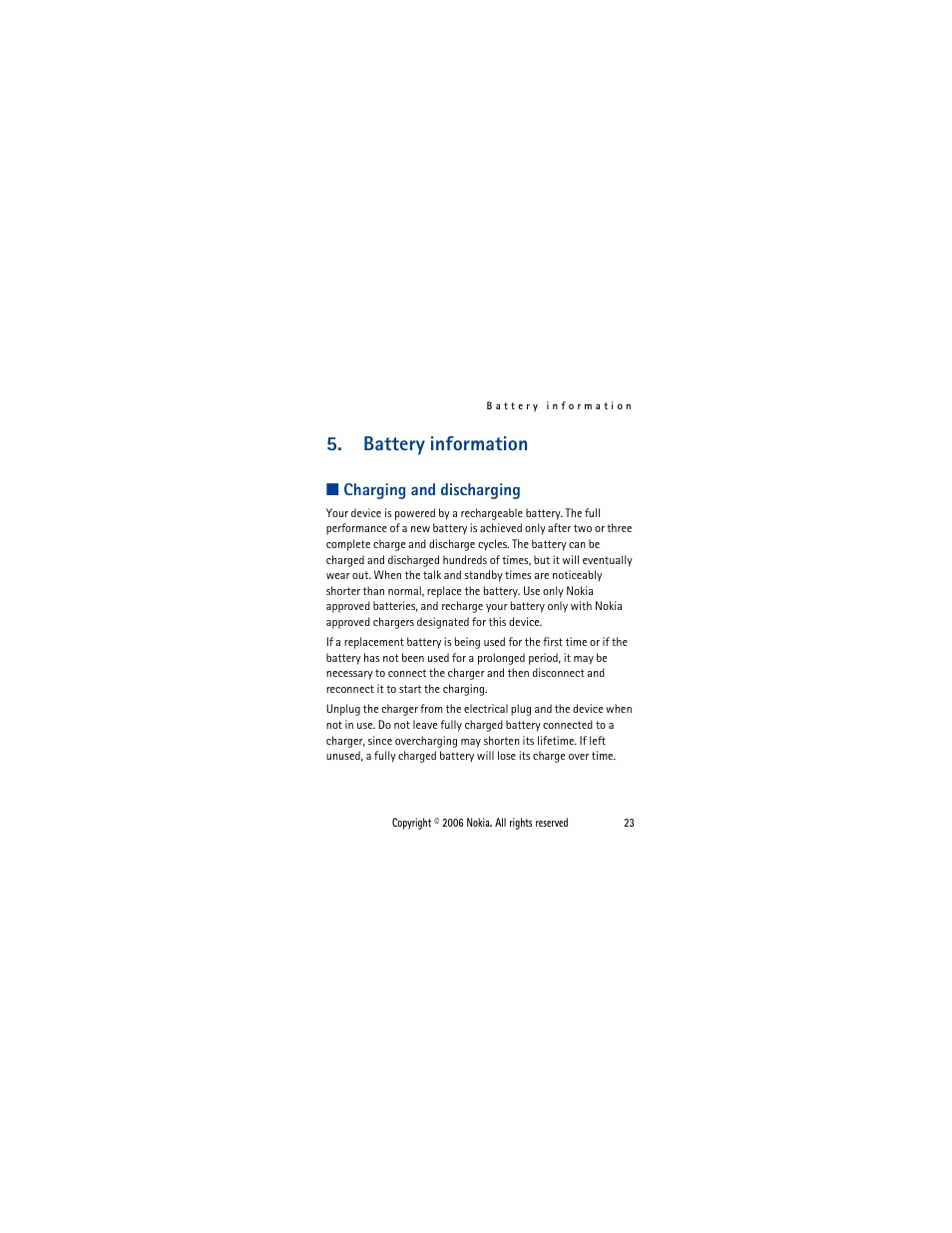 Battery information, Charging and discharging | Nokia 1110i  EN User Manual | Page 36 / 57