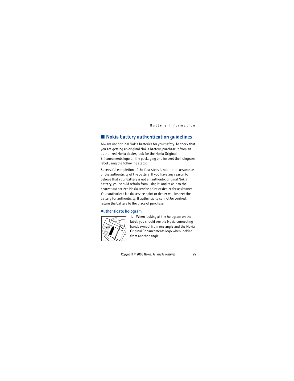 Nokia battery authentication guidelines | Nokia 1110i  EN User Manual | Page 38 / 57
