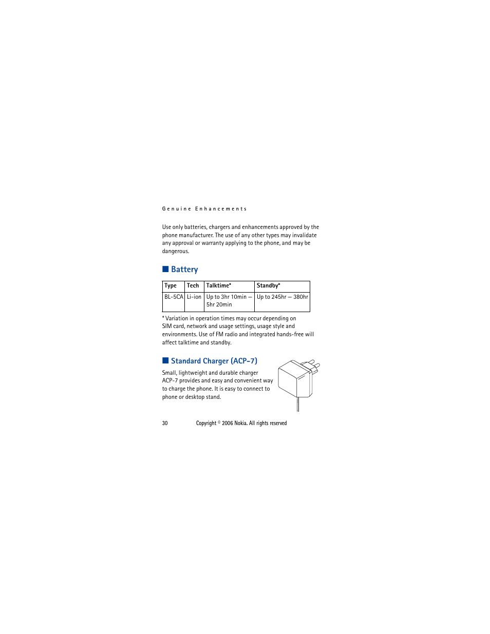 Battery, Standard charger (acp-7), Battery standard charger (acp-7) | Nokia 1110i  EN User Manual | Page 43 / 57