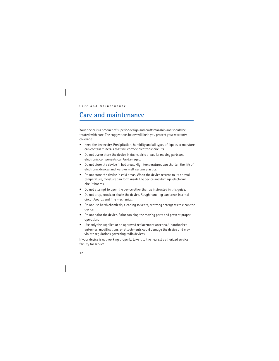 Care and maintenance | Nokia HS-6 User Manual | Page 12 / 48