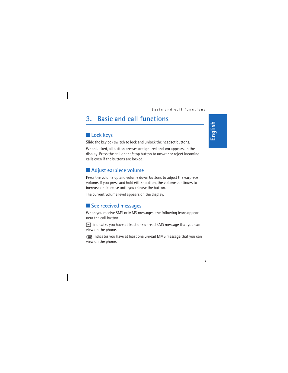 Basic and call functions, English | Nokia HS-6 User Manual | Page 7 / 48