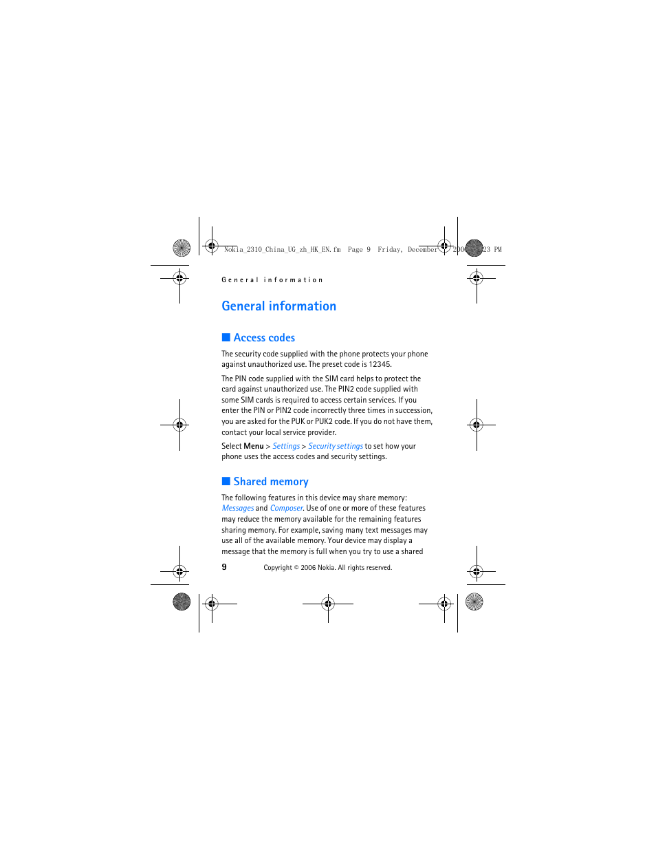 General information, Access codes, Shared memory | Access codes shared memory | Nokia 2310 User Manual | Page 10 / 58