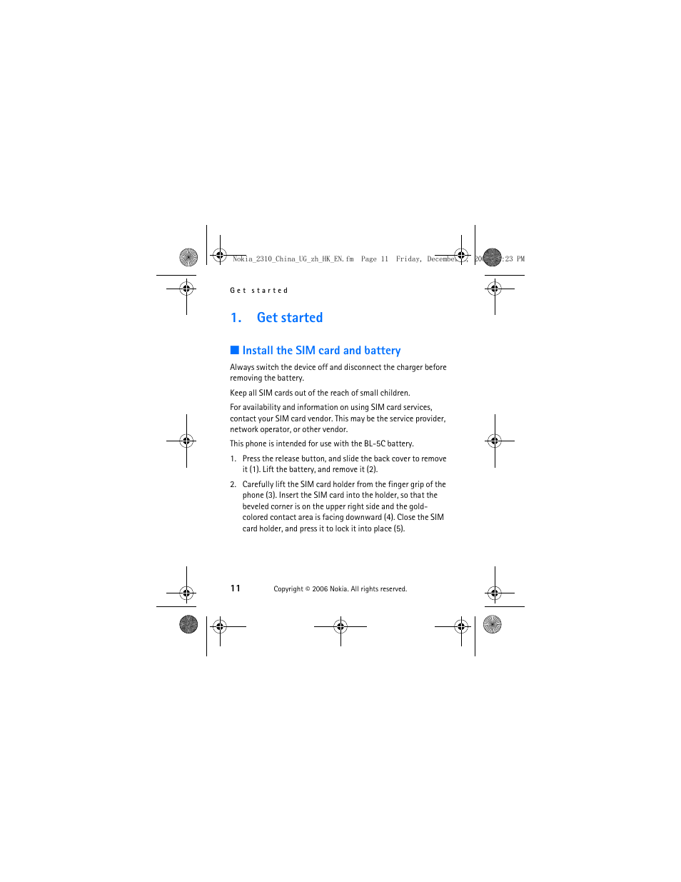 Get started, Install the sim card and battery | Nokia 2310 User Manual | Page 12 / 58