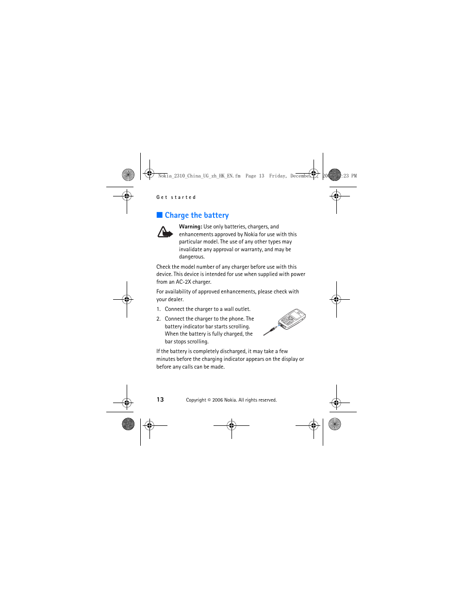 Charge the battery | Nokia 2310 User Manual | Page 14 / 58