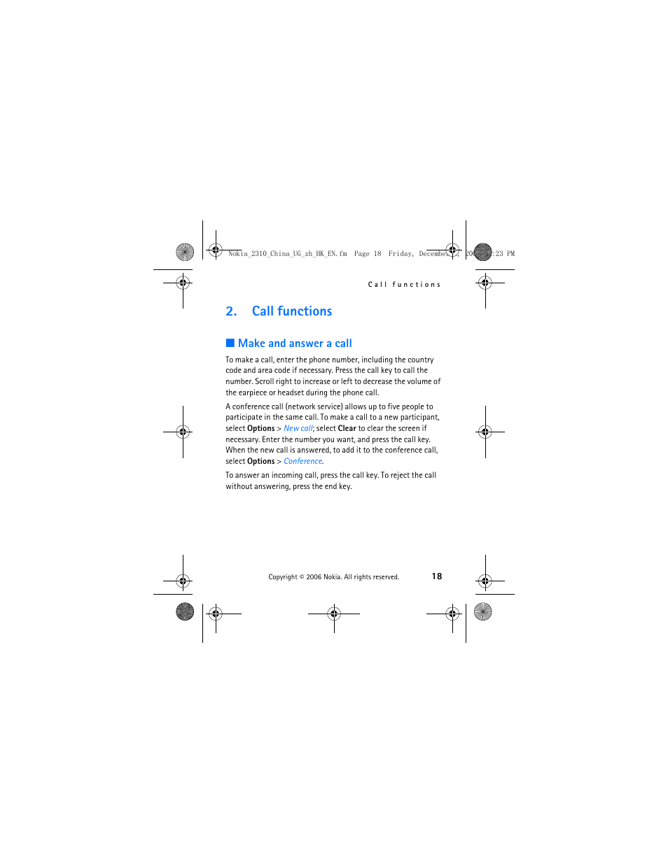 Call functions, Make and answer a call | Nokia 2310 User Manual | Page 19 / 58