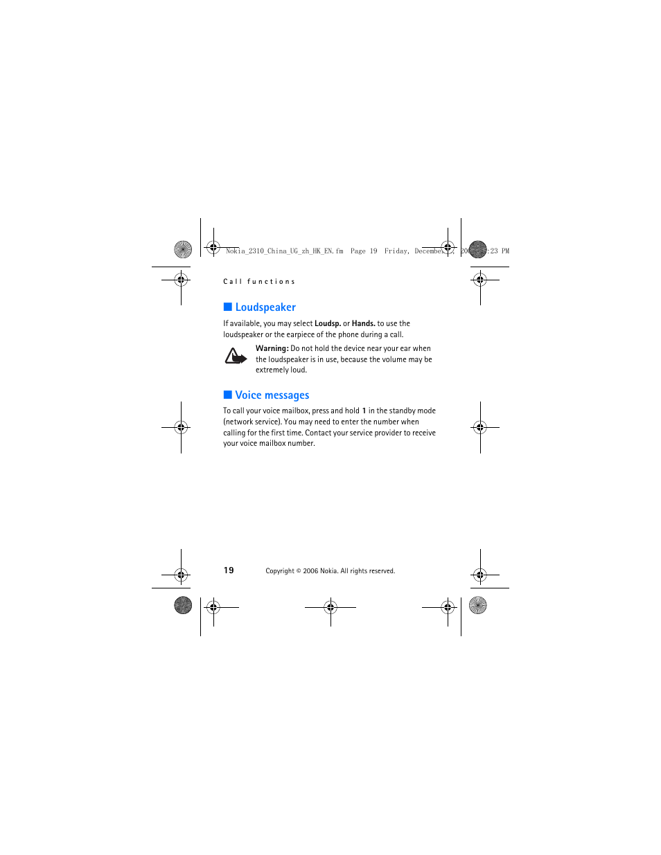 Loudspeaker, Voice messages | Nokia 2310 User Manual | Page 20 / 58