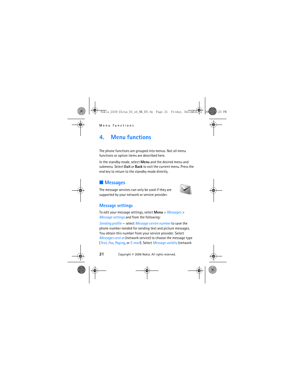 Menu functions, Messages, Message settings | Nokia 2310 User Manual | Page 22 / 58