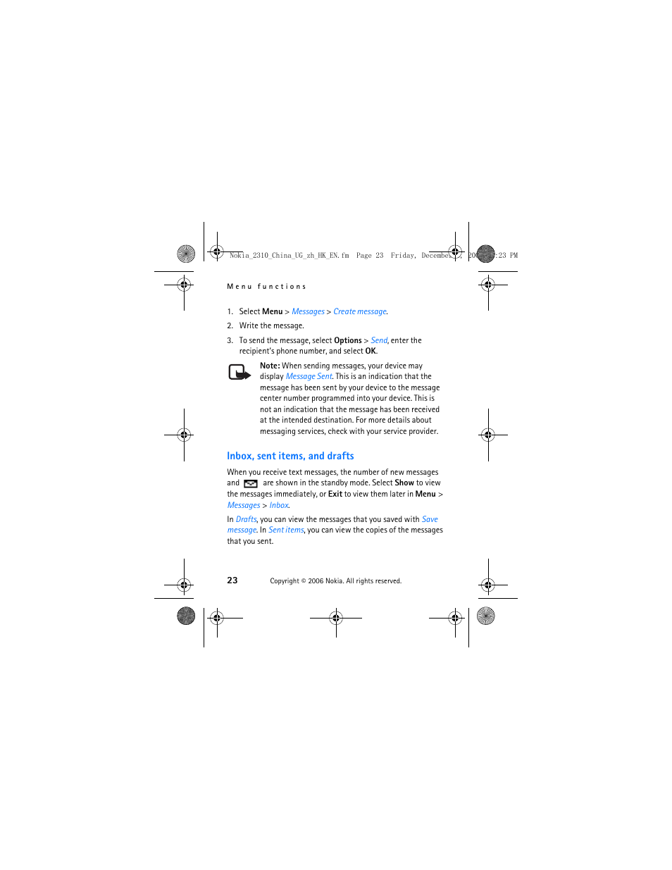 Inbox, sent items, and drafts | Nokia 2310 User Manual | Page 24 / 58