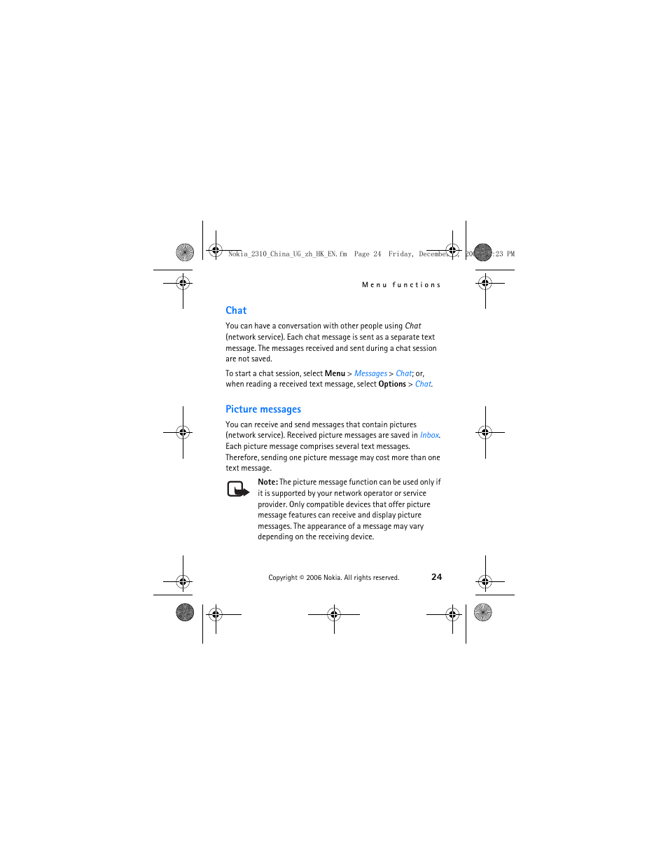 Chat, Picture messages, Chat picture messages | Nokia 2310 User Manual | Page 25 / 58