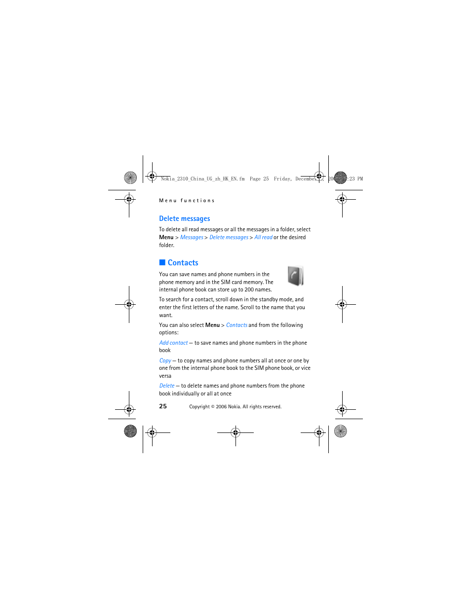 Delete messages, Contacts | Nokia 2310 User Manual | Page 26 / 58