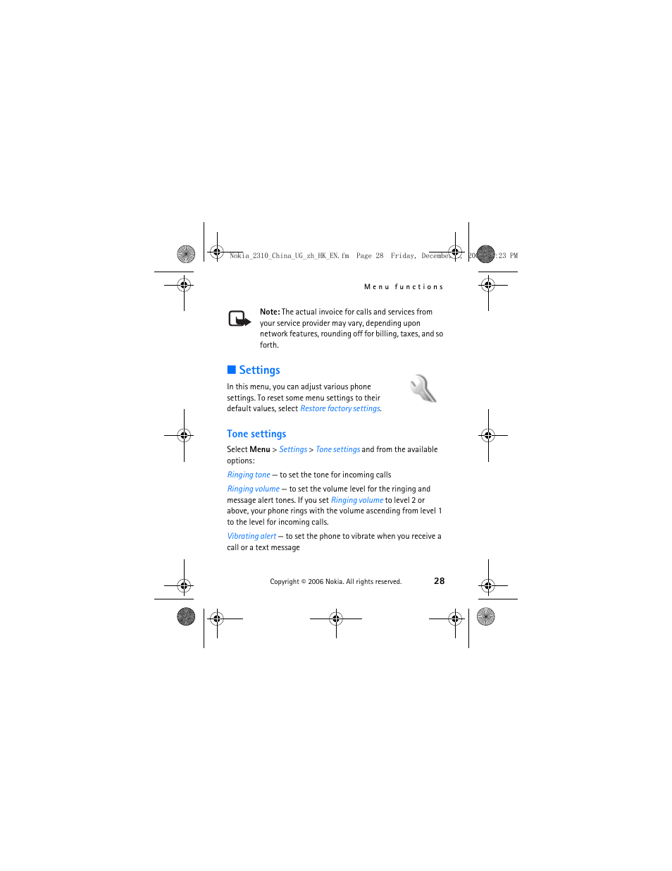 Settings, Tone settings | Nokia 2310 User Manual | Page 29 / 58