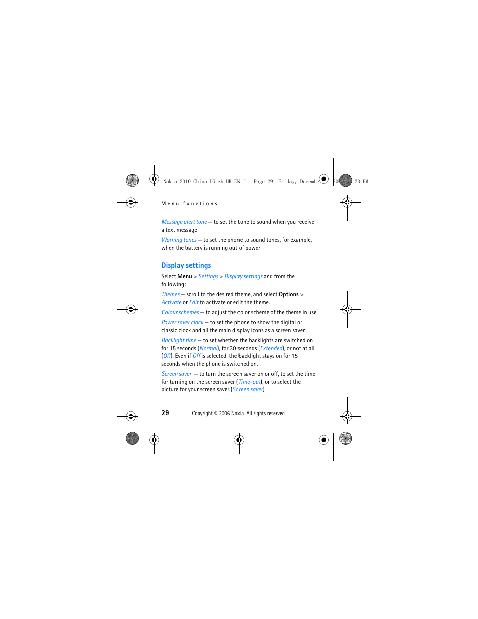 Display settings | Nokia 2310 User Manual | Page 30 / 58