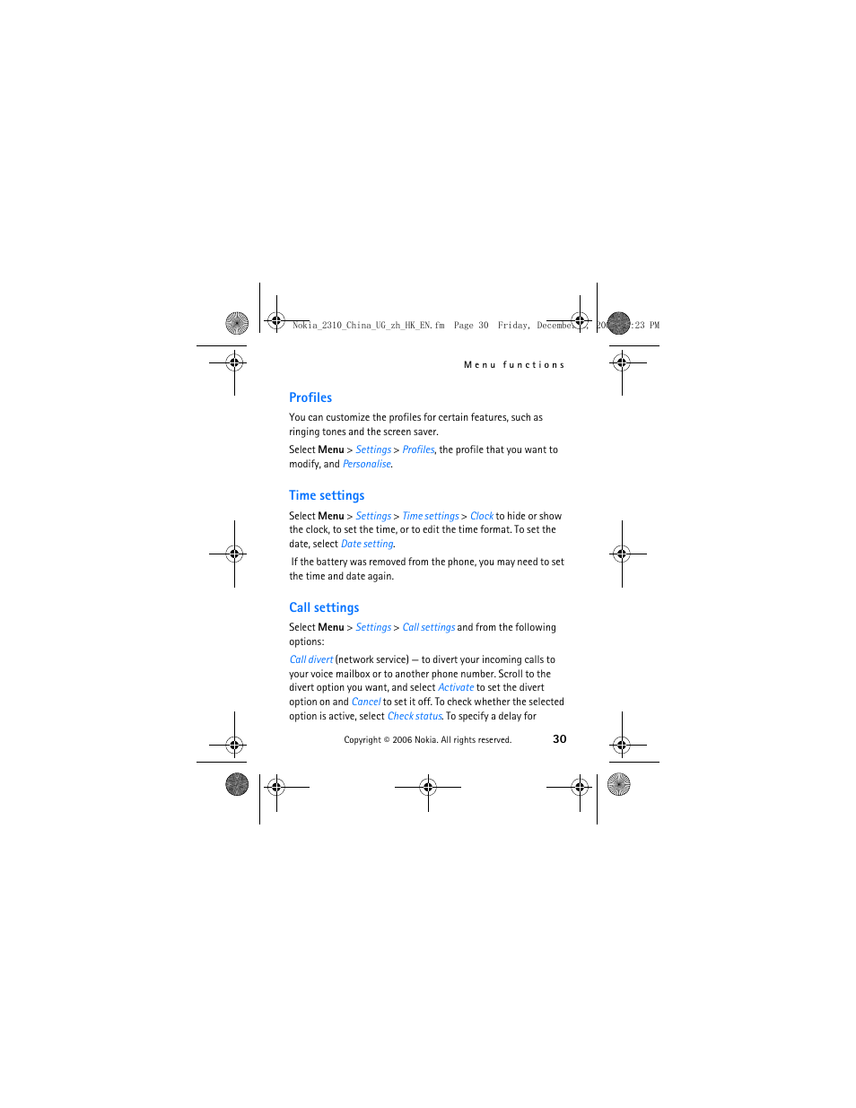 Profiles, Time settings, Call settings | Time settings call settings | Nokia 2310 User Manual | Page 31 / 58