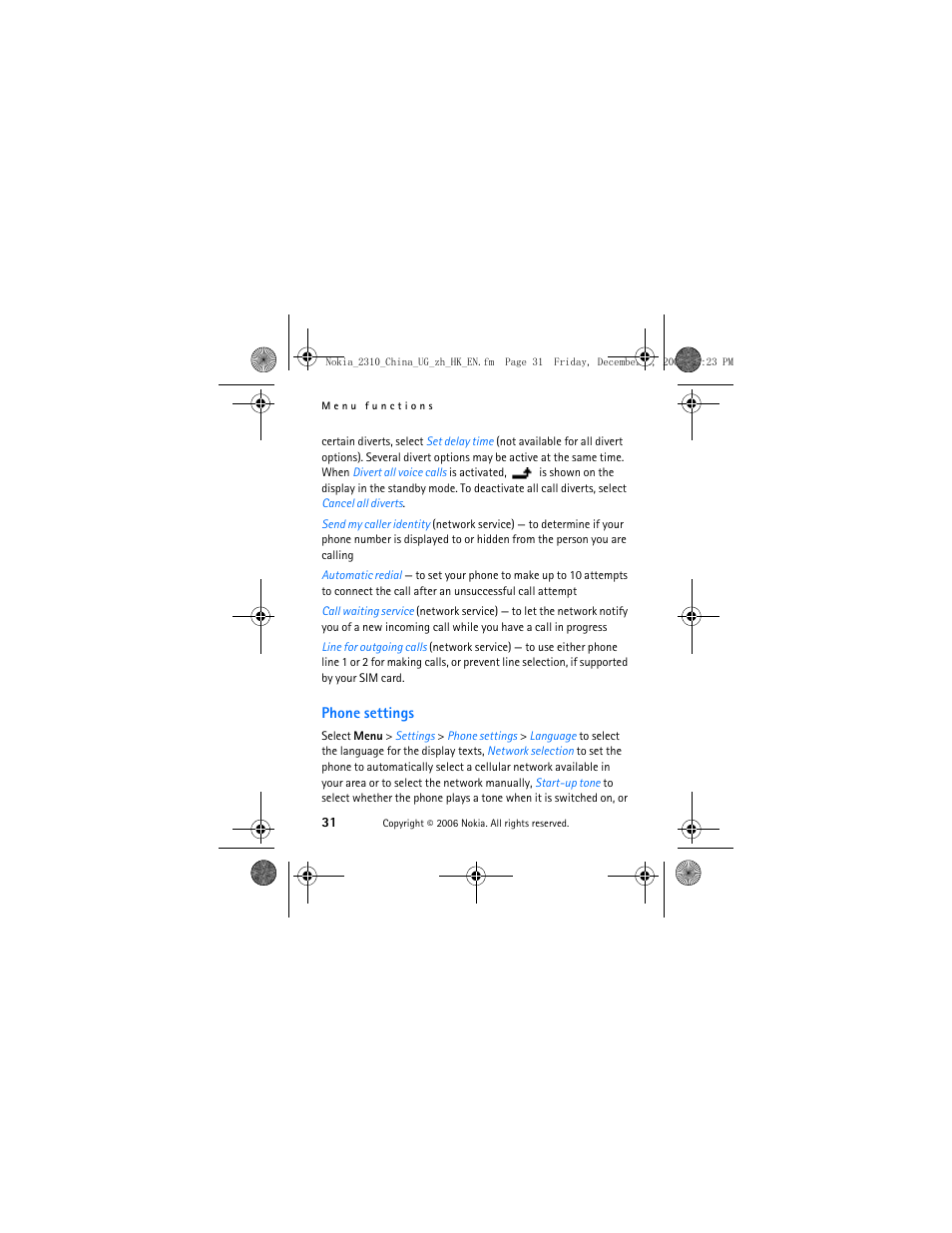 Phone settings | Nokia 2310 User Manual | Page 32 / 58