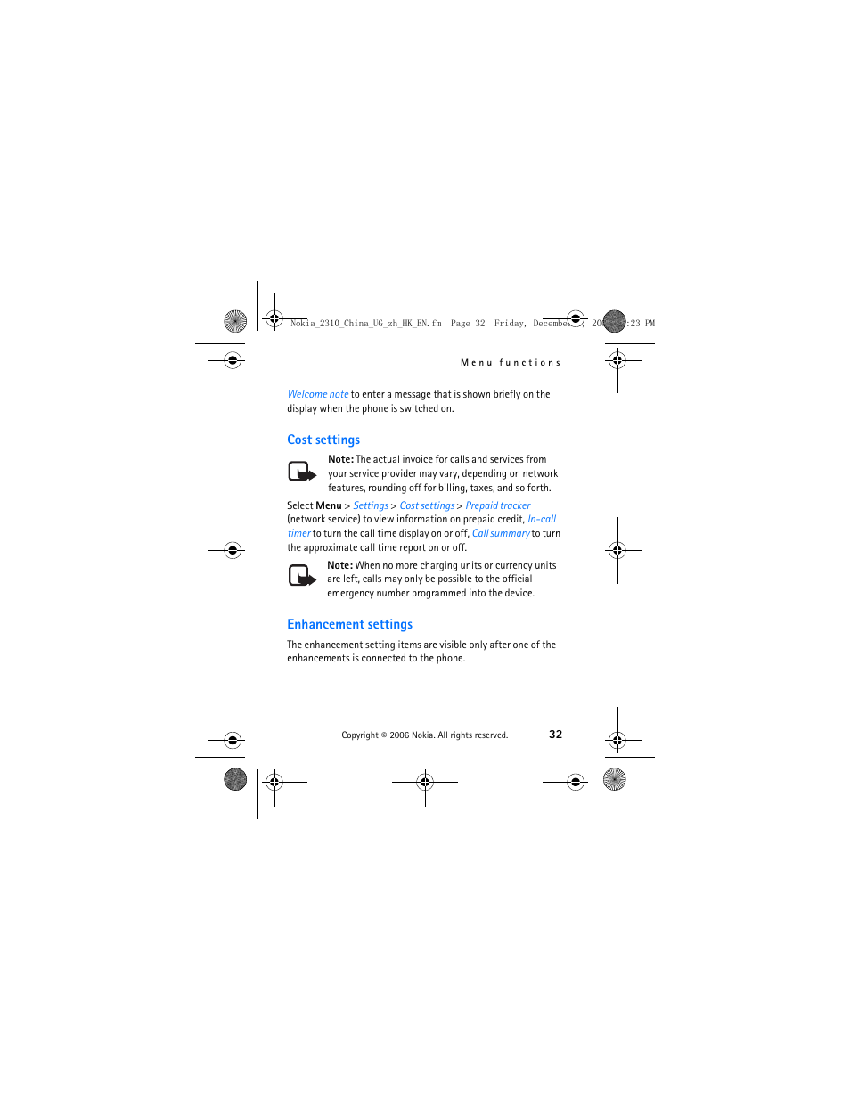 Cost settings, Enhancement settings, Cost settings enhancement settings | Nokia 2310 User Manual | Page 33 / 58