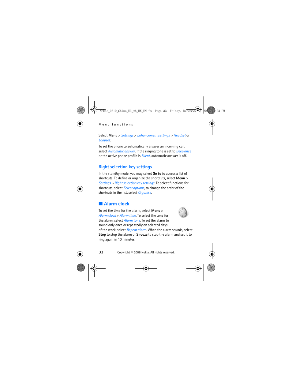 Right selection key settings, Alarm clock | Nokia 2310 User Manual | Page 34 / 58